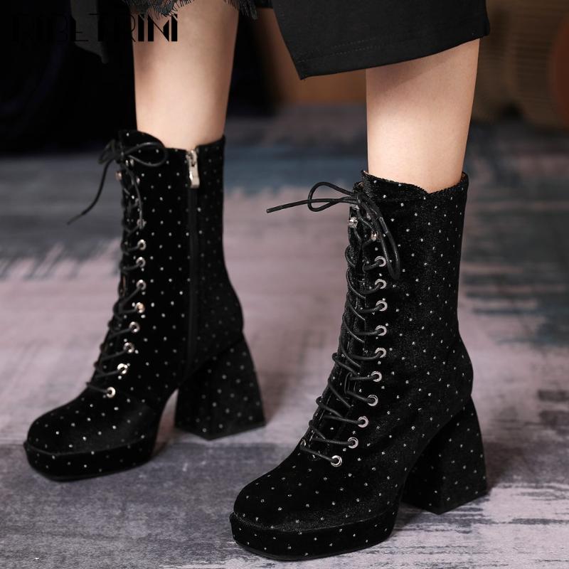 

RIBETRINI Lady Spring Brand Shoes Spring Lace Up High Heels Round Toe Solid Women Boots Casual Daily Designer Boots, Black