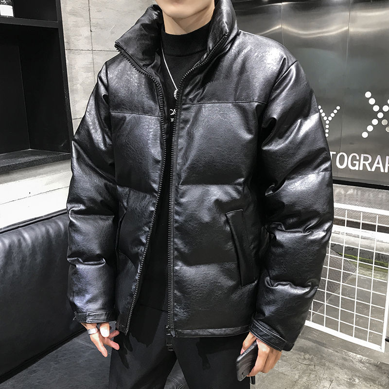 

Winter Fashion Thicken Korean Style Loose and Plus-sized Men's Jacket Black Stand Collar Leather Quilted Cloth Cotton
