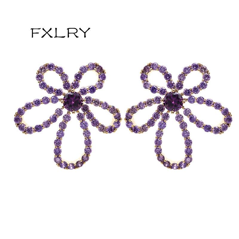 

Stud FXLRY Elegant Hollow Large Flower Earrings Simple Inlaid Purple Zircon For Women Wedding Jewelry