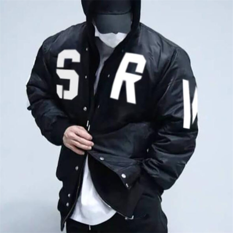 

new loose bomber men's casual hip hop baseball collar print fashion smooth jacket streetwear 201104, Black