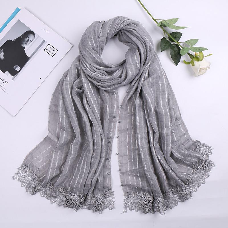 

New lace cotton scarf hijab embroidered bead long shawl printed stripe muslim Islamic headscarf scarves wraps 200*75cm 20pcs/lot