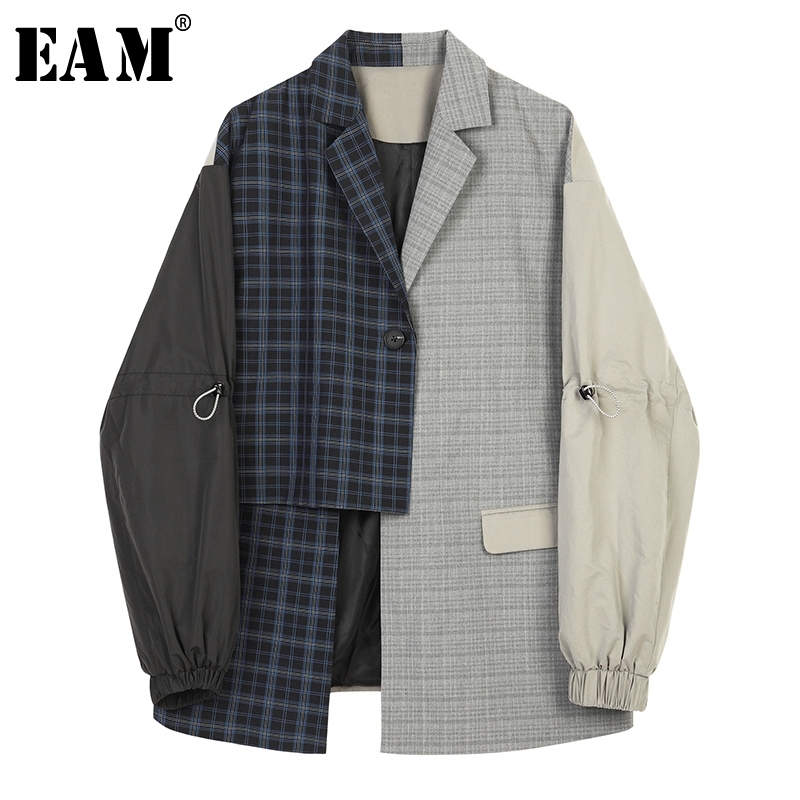 EAM Women Blue Plaid Asymmetrical Big Size Blazer Lapel Long Sleeve Loose Fit Jacket Fashion Spring Autumn 1B90 201114Z