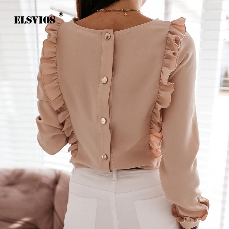 

Women 2021 Spring Solid Ruffle Blouse Shirts Office Lady Back Metal Buttons Blouses Summer O-Neck Butterfly Sleeve Top Blusa 2XL, White