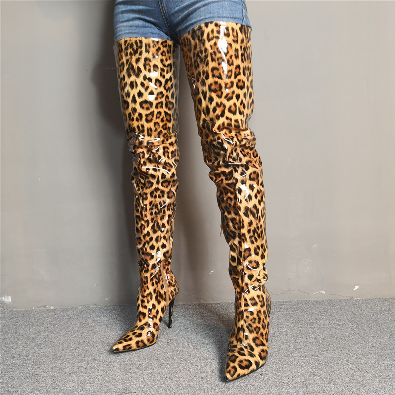 

2020 Fashion Winter Female Shoes to Toe Stilettos High Elegant Ladies Leopard Thigh Boots 9vc2, The picture