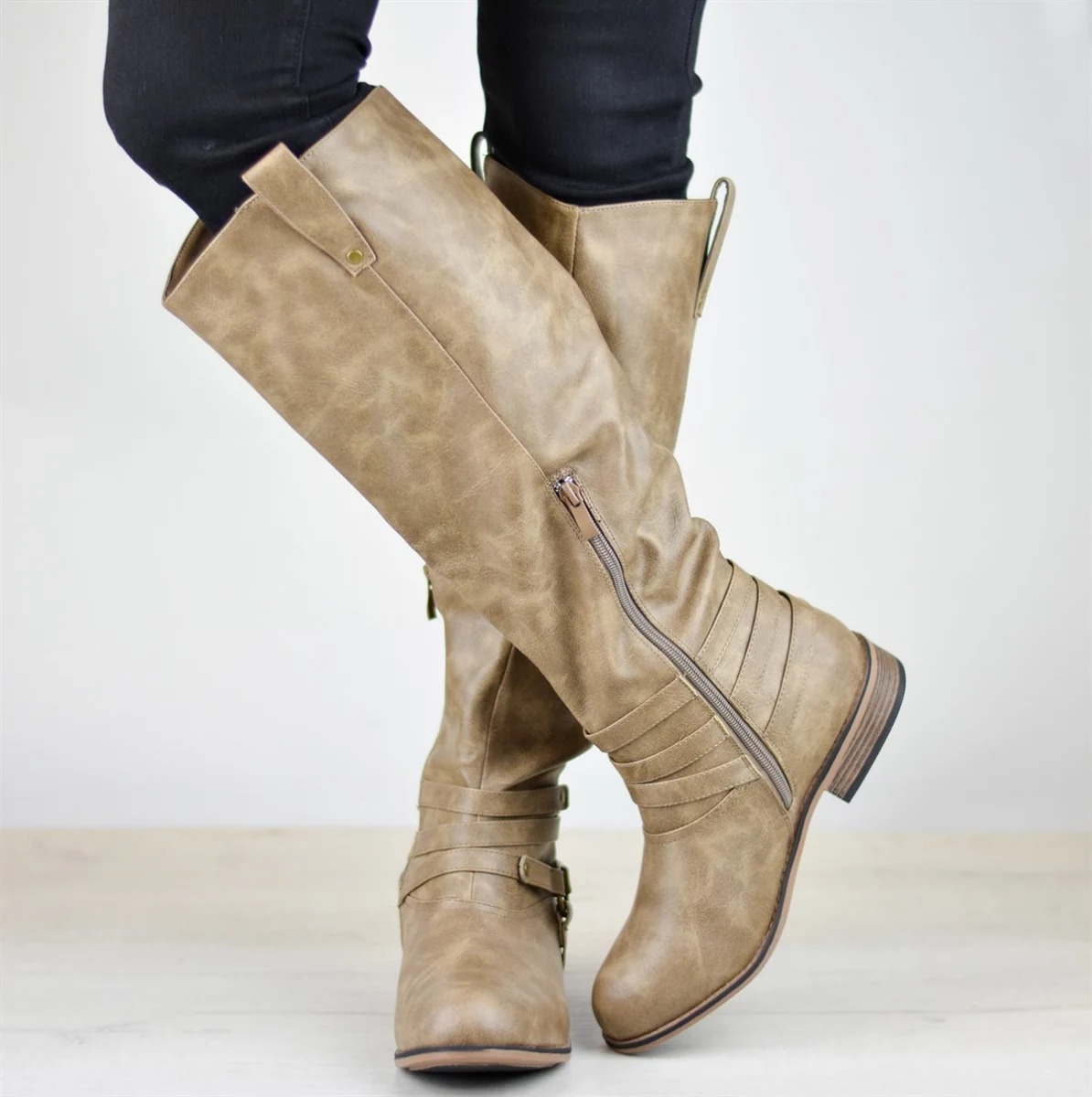 

New Slip-On Round Toe Zipper Boots Fashion Autumn Shoes Flats Quality Leather Long Boots Women Shoes Women Buckle Strap, Color 1