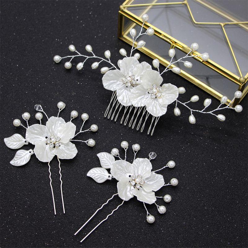 

3 Pcs European Style Bridal Headdress Set Handmade Pearl Rhinestone Flower Hairpin Hair Comb Women Wedding Dress Accessories