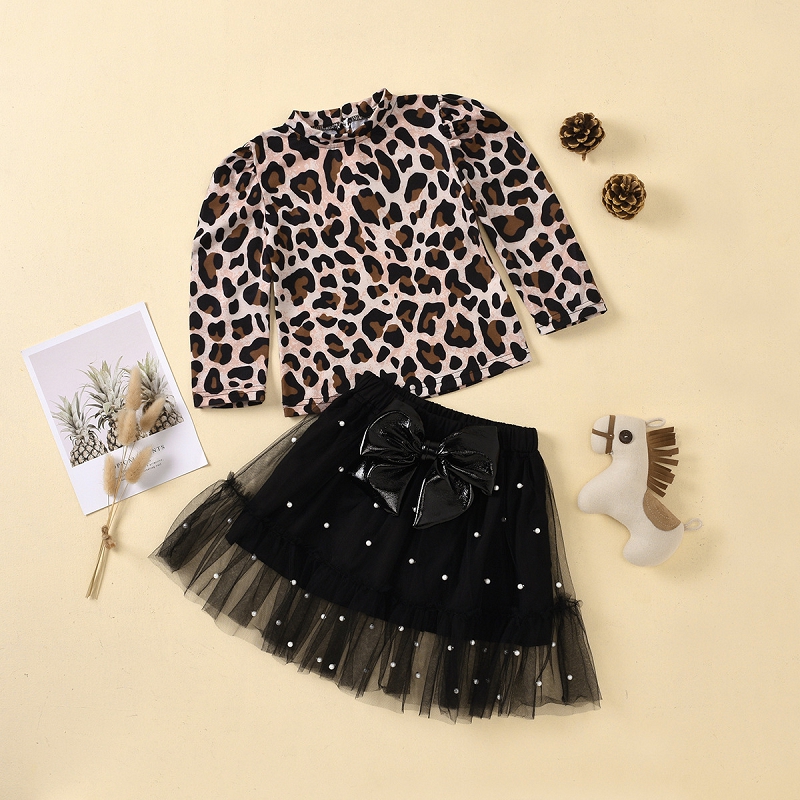 

Autumn Kids Clothing Sets Children Leopard Printed Long Sleeve Top + Bowknot Pearl Lace Mesh Short Skirt 2Pcs/Sets Girl Suit M2867, As photo