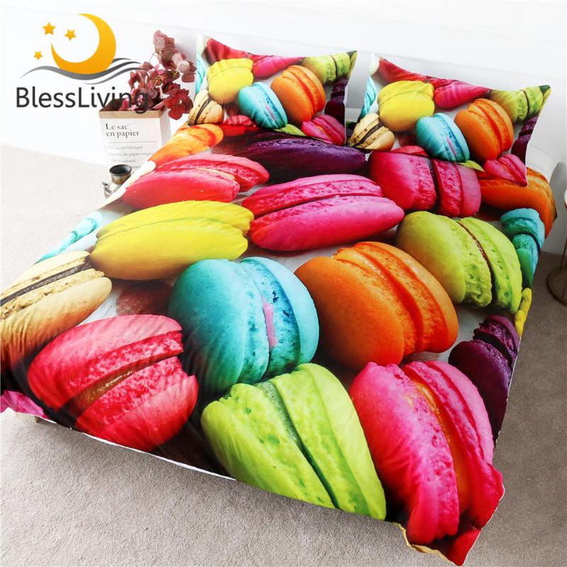

BlessLiving French Macaron Bedding Set Colorful Duvet Cover 3D Print Comforter Cover Dessert Girls Bed Linen 3pcs Queen, Colorful macaron