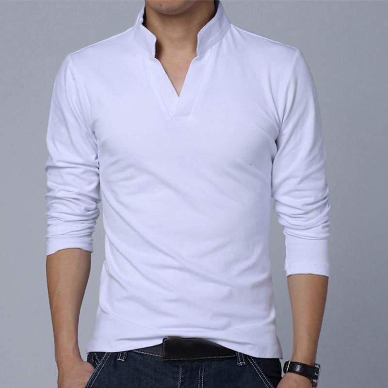 

Solid Color Men Casual Stand Collar V Neck Long Sleeve T-Shirt Sliming and Fit Top Autumn Casual Solid Male Clothing, Black