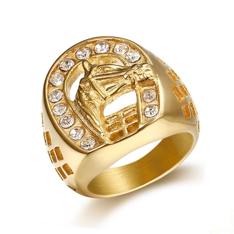 

Cluster Rings HIP Hop Micro Pave Rhinestone Iced Out Bling Horse Ring IP Gold Filled Titanium Stainless Steel For Men Jewelry