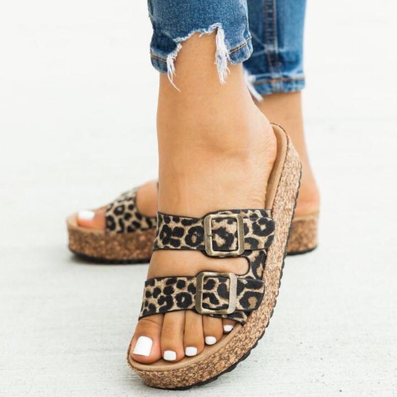 

2020 new summer shoes women open toe Buckle flat slippers ladies Fashion Leopard shallow casual Slip beach shoes women sh3671, Black