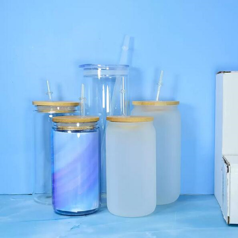 

12oz 16oz Sublimation Clear Frosted Beer Glasses With Lids&PLASTIC Straws 500ml White Blank Water Bottles DIY Heat Transfer Wine Tumblers, Multi-color