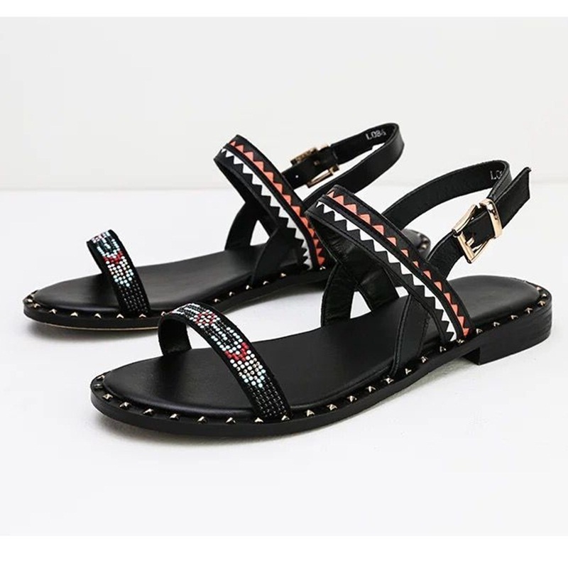 

2021 Women's New Craft Ladies Shoes 100% Genuine Floral Leather Sandals Retro-shoe Apartments Zzhe, Black