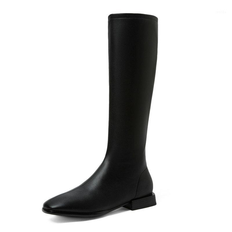

2021 Knee High Women Boots PU Leather Flock Square Heel Zipper Women Shoes Autumn Winter Square Toe Ladies Boots Size34-431, Brown
