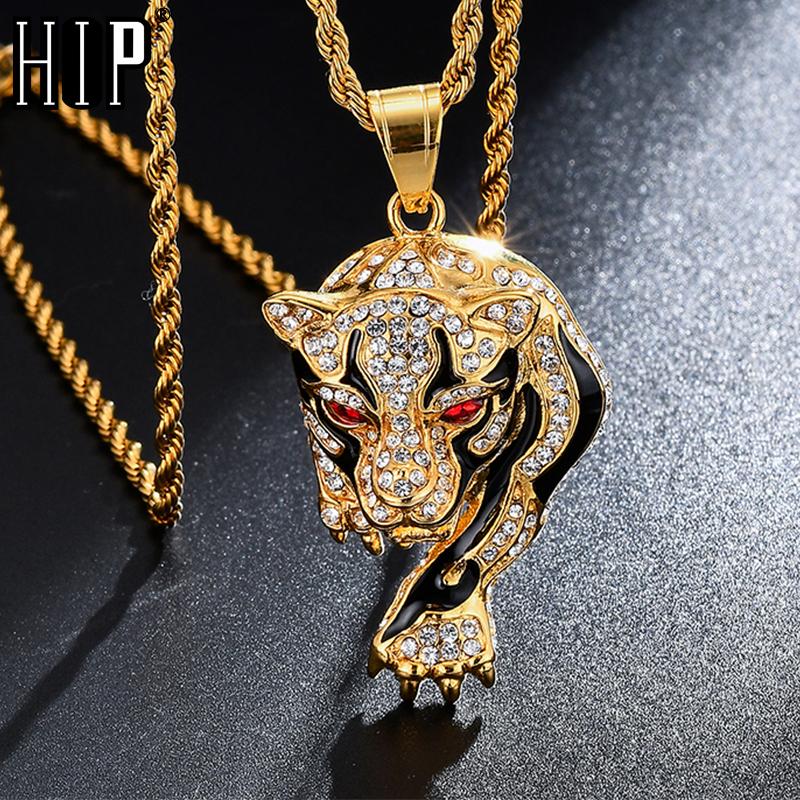 

Hip Hop Iced Out Bling Tiger Stainess Steel Gold Color Pendants & Necklaces For Men Women Jewelry With Chains