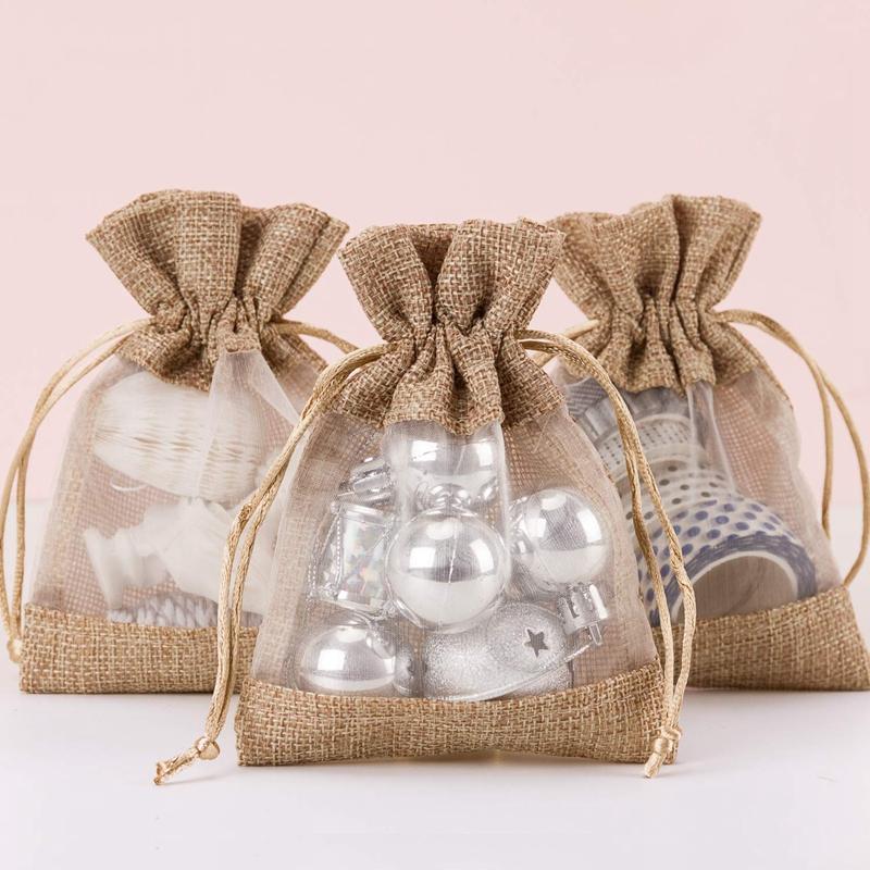 

4X5.5 Inch 20 Pcs Burlap Drawstring Gift Bag - Burlap with One Side Organza Wedding Party Welcome Favor Bags - Tan