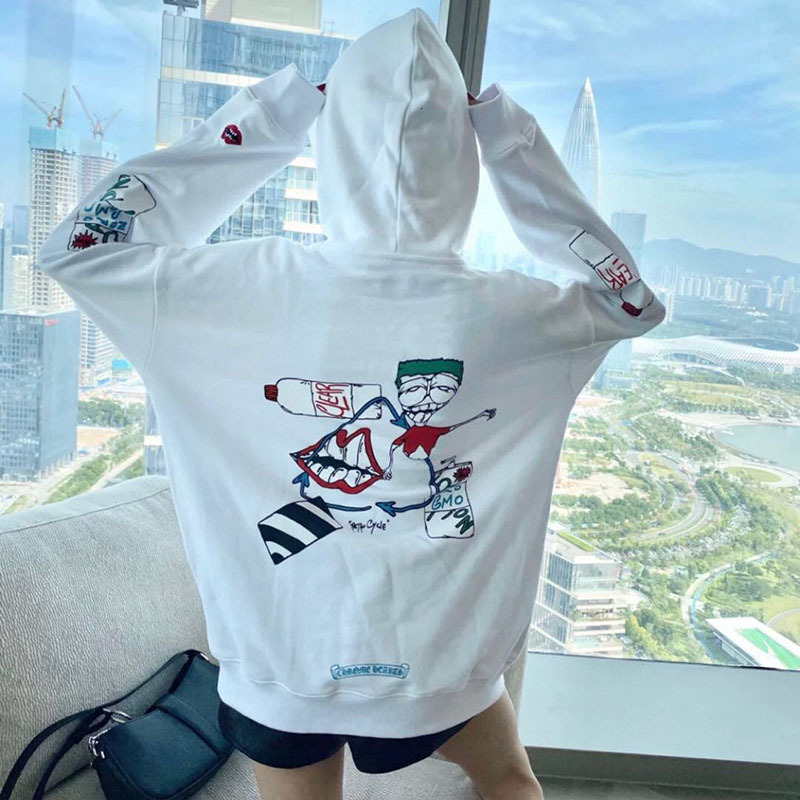 

European 20 fashion brand croxin funny graffiti printing men's and women's loose hooded sweater ch Pullover Jacket men's, Black