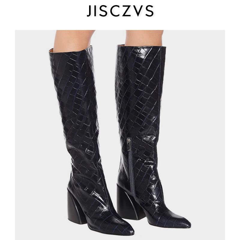 

Real Leather Winter Women Boots Genuine Leather Emboss Long Knight Boot High Heels Black Crocodile Boots Ladies Plus Size 43