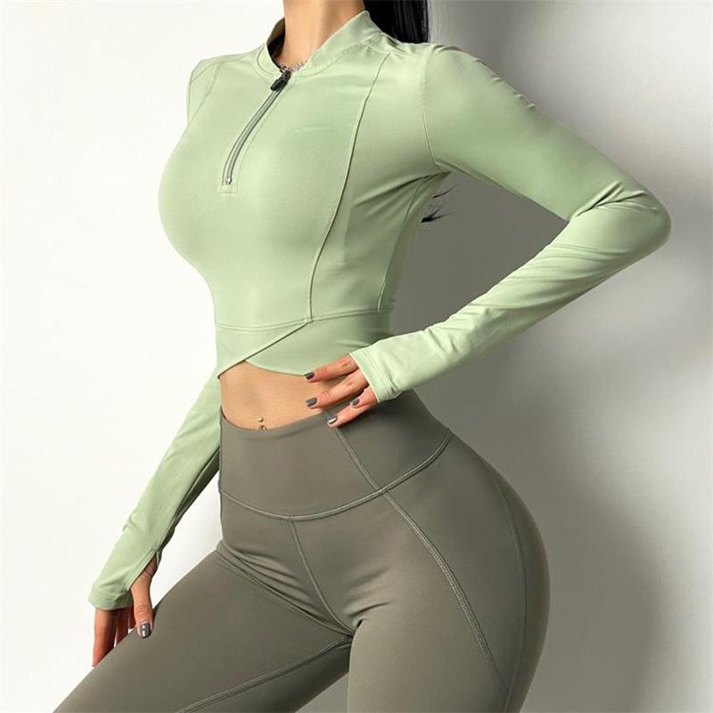 

Half zipper Yoga suit women' long sleeve short open navel running jacket Tight and thin fast drying fitness suit autumn winter, Grey