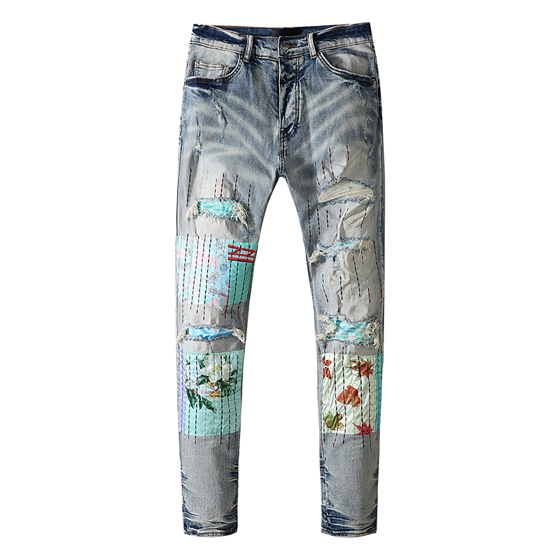 

jeans for mens 2022 new design embroidery patch ripped hole hand-brushed washed folded distressed high-quality European and American fashion casual slim fit, Blue