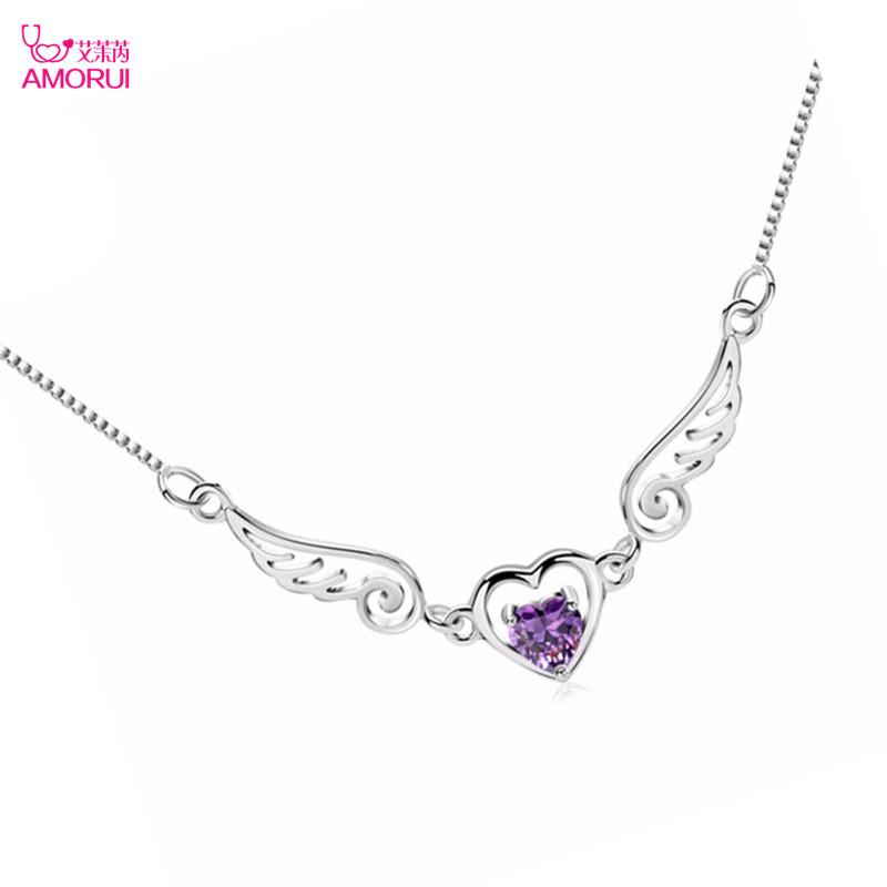 

AMORUI Romantic Angel Heart Silver Color Pendant Necklace Love Charm Lady Necklace Jewelry Gift Angela Wing Choker