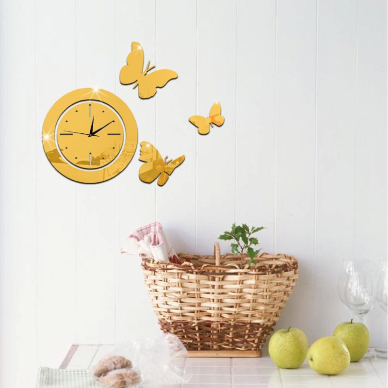 

Creative Butterfly Wall Clocks Monochrome Mirror Wall Decoration Acrylic Mirror DIY Stereo Home Decoration