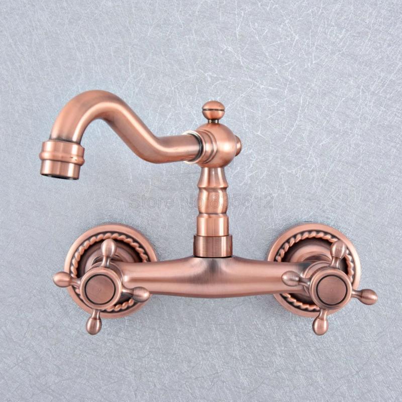 

Antique Red Copper Brass Wall Mounted Dual Handles Kitchen Sink Faucet Bathroom Basin Mixer Taps Swivel Spout tsf8581