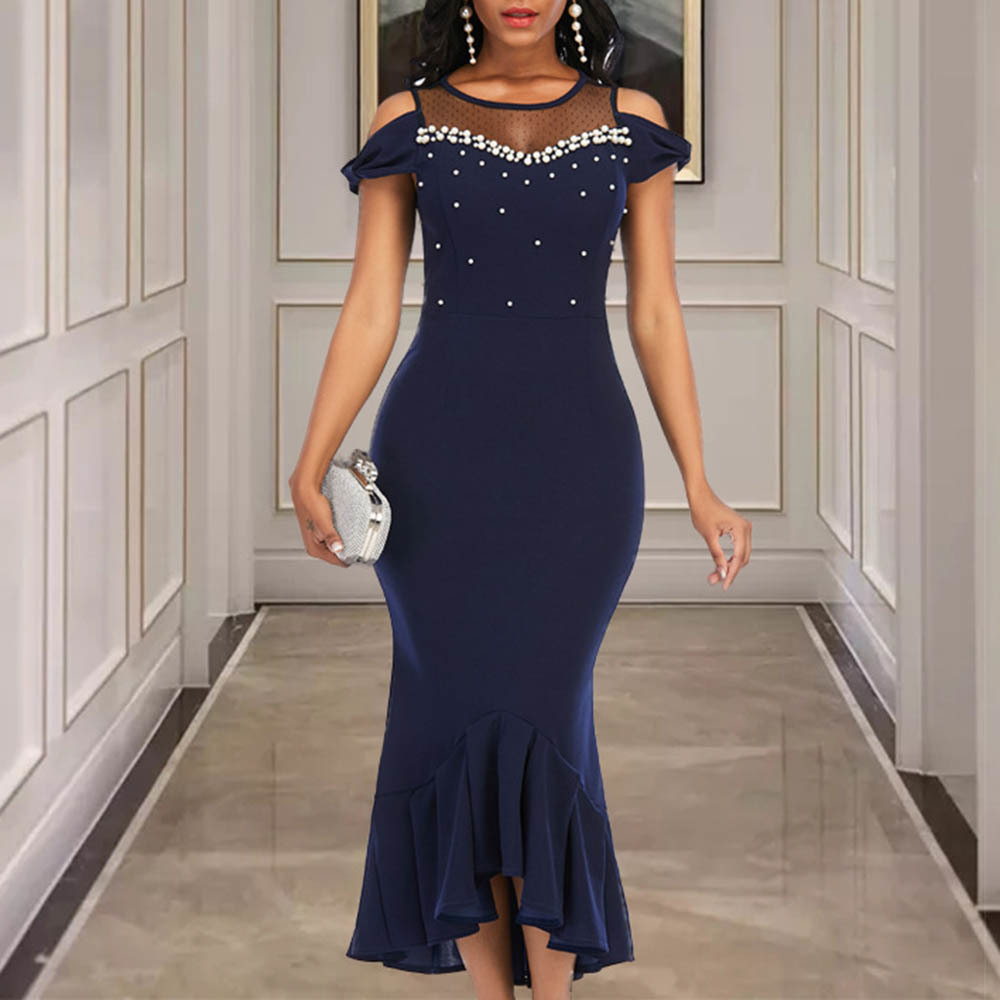 

2021 Autumn Transparent Sexy Female Crochet High Waist Plus Size Mermaid in Elastic Mesh Party Dress Ff85, Blue