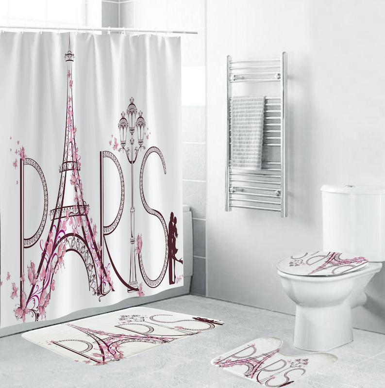

The Tower Shower Curtain Base Carpet Cover Toilet Seat Bath Mat Set Bathroom With Hooked Curtain