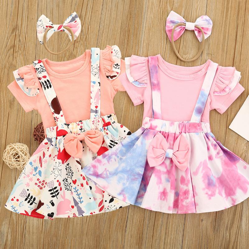 

Baby girl clothes summer cute print short-sleeve top bow knot suspender skirt headwear 3pcs suits for girls children's clothes, Pink