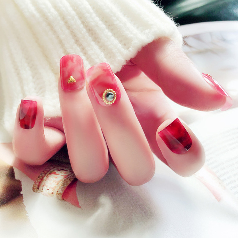

Girls Sweet Beauty Red Color Fake Nails Women Shining Rhinestone Stylish False Nails Holiday Seaside Nail Art Tips with Glue, As show