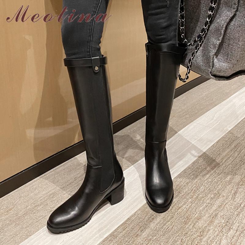 

Meotina Real Leather High Heel Knee High Boots Women Shoes Buckle Zipper Block Heels Ladies Long Boots Autumn Winter Black 401, Black synthetic lin