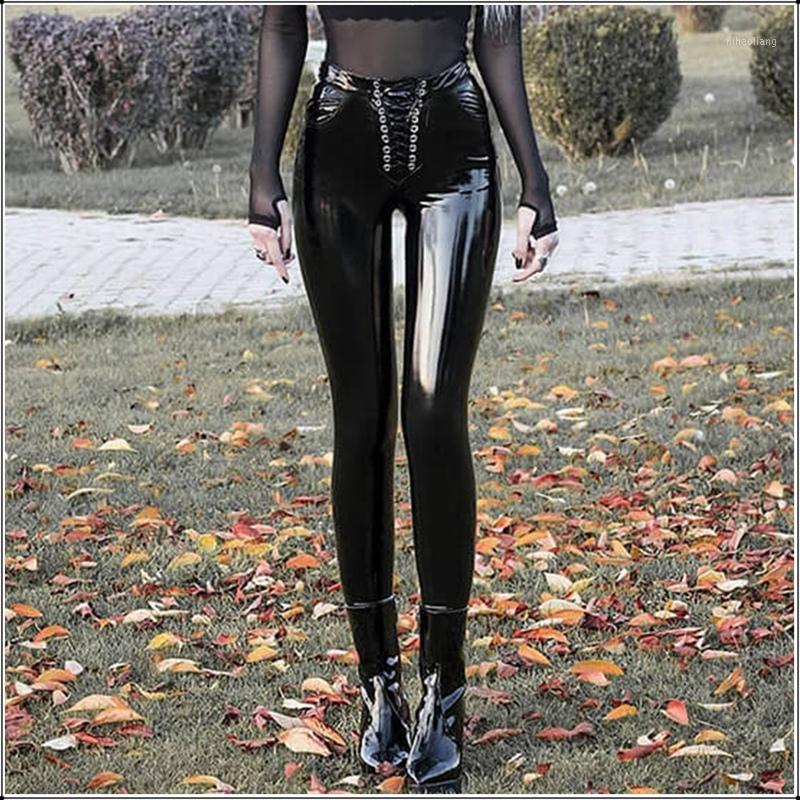 

High Waist Skinny PU Leather Pants Women Black Patent Leather Punk Bandage Pencil Trousers Sexy Slim Latex Long Pants Leggings1