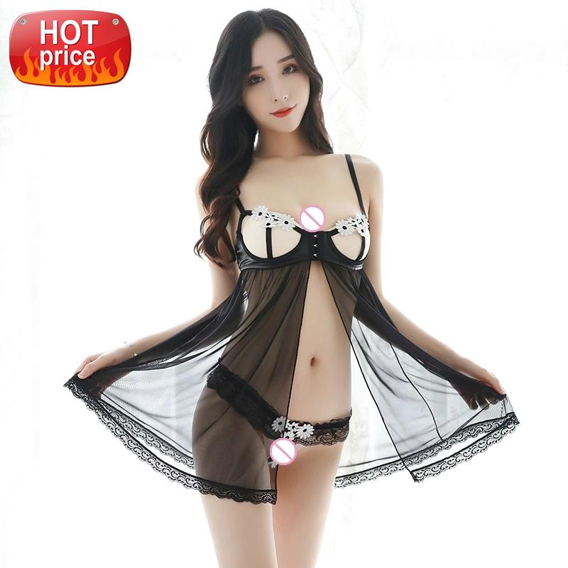 

Babydolls & Chemises Underwear Women Sexy Set Micro Bikini Open Bra Lingerie Dress Cosplay Sexy See Through Sleepwear G String #DR4k, Black;white