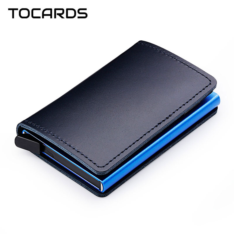 

RFID Blocking 100% Genuine Leather Credit Card Holder Aluminum Metal Business ID Cardholder Slim Card Case Mini Wallet for Men, Red;black