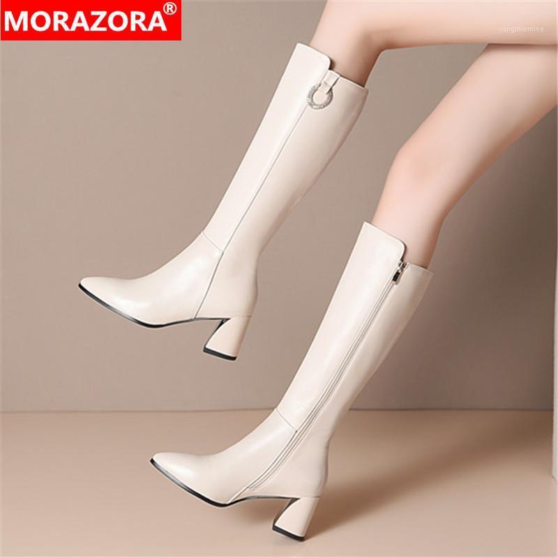 

MORAZORA 2021 Genuine leather boots thick high heels pointed toe winter boots fashion zip solid color women knee high1, Rice white with fur