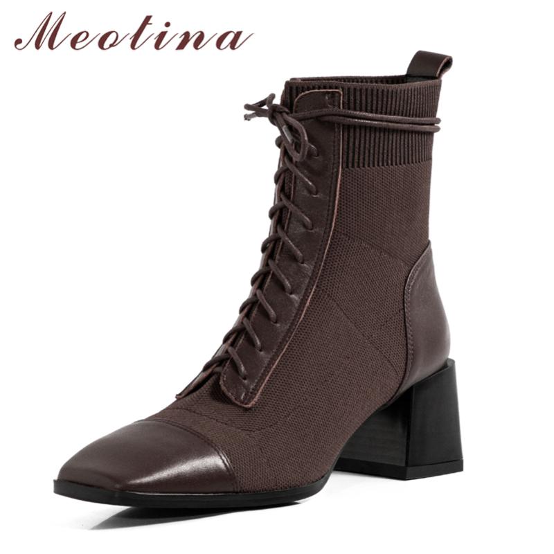 

Meotina Women Ankle Boots Shoes Genuine Leather High Heel Short Boots Square Toe Lace Up Thick Heels Ladies Autumn Coffee, Black