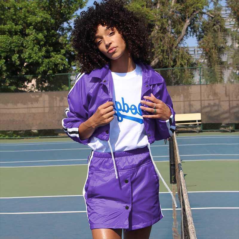 

Waatfaak Purple Long Sleeve Coat Drawstring Crop Top Fashion Streetwear Mini Skirt Stripes Sexy Two Piece Women Set Polyester1, Purple skirt set