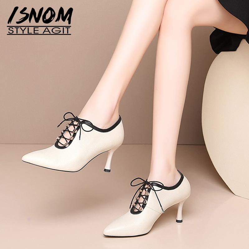 

ISNOM Genuine Leather Shoes Woman Cross Tied Pumps Women Pointed Toe High Heel Shoes Ladies Pumps Bow Tie Lace Up Heels, Beige