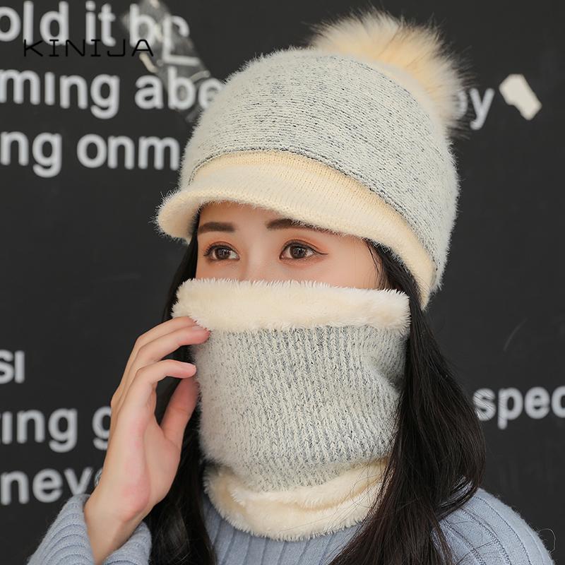 

Autumn Winter women Knitted Hat+Scarf Set Warm Hair Fleece Inside Thicken Windbreak Pullover Hat wool fur Baseball cap