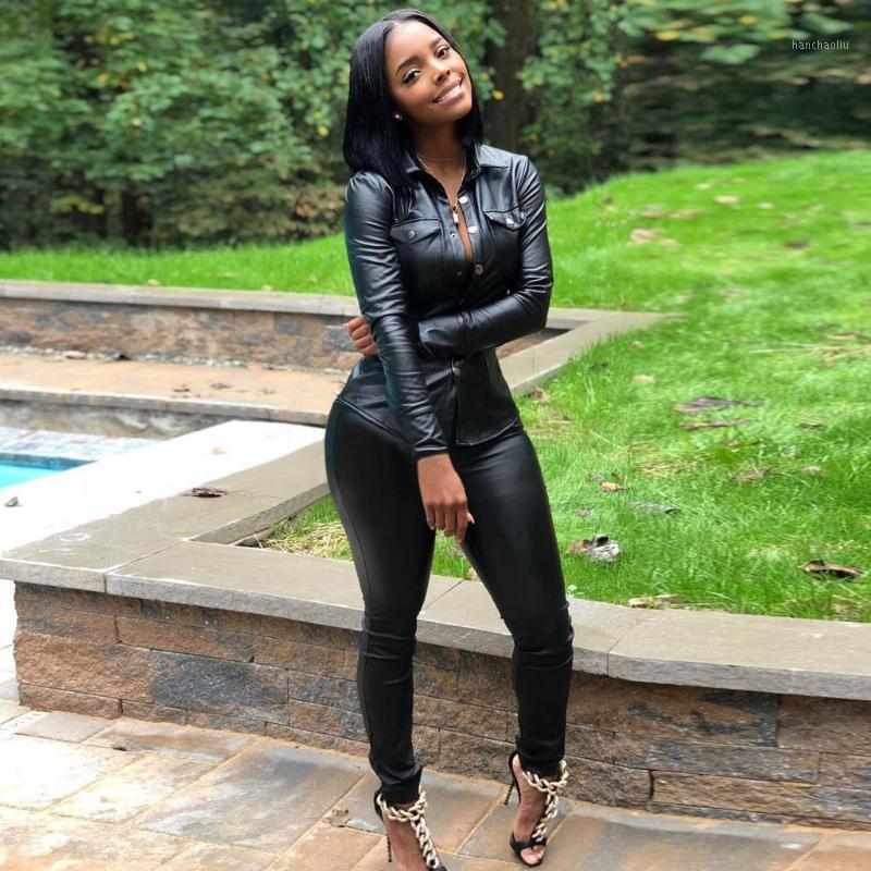

womens tracksuit set autumn winter 2020 Leather Two Piece Lapel Pocket Long Sleeve Jacket Top and Pencil Pants Set #D1, Black