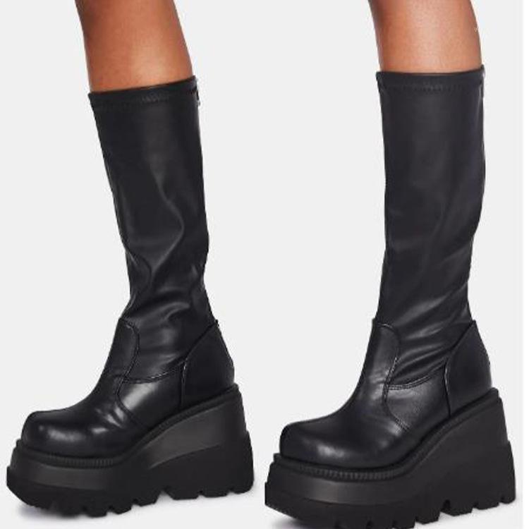 

2021 New Ladies High Platform Boots Fashion Zip High Heels Boots Women Wedges Shoes Woman Casual Heels Plus Size 35-431