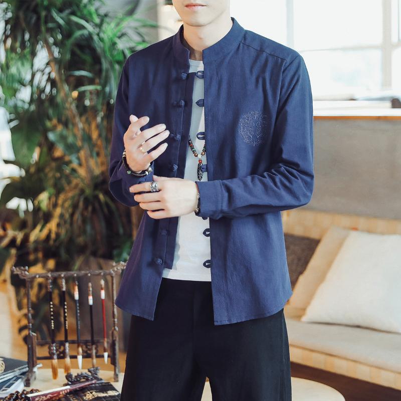 

Cardigan Men Japanese Kimono Long-sleeved Shirt Men's Yukata Men's Haori Japanese Embroidered Stand Collar Cotton Linen Male