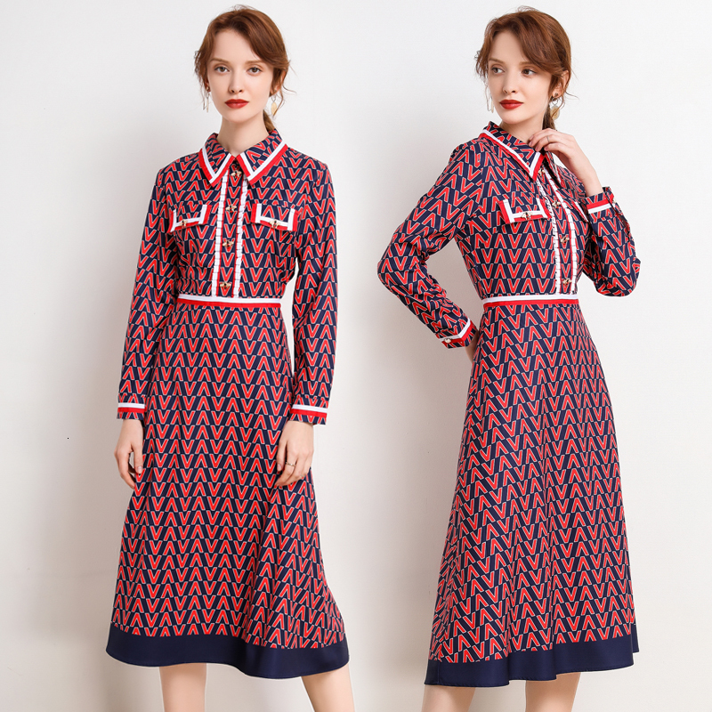 

2021 New Fashion Autumn Runway Long Sleeve Women Ribbon Splicing Striped Letter Printed Vintage Bees Brooch Chic Midi Hemg VCW0, The picture color