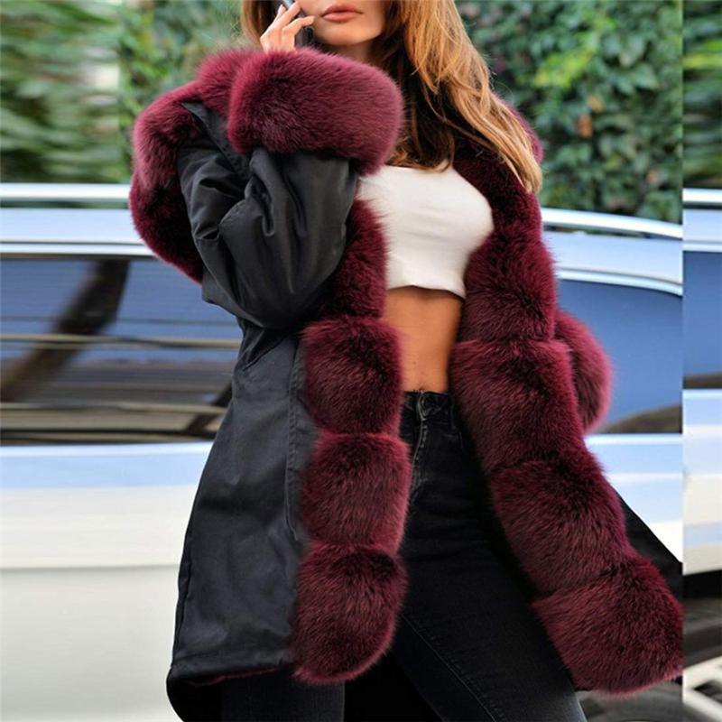 

Fur Coat European American Long Hat Camouflage Coat Autumn Winter Fashion Style New Temperament Jacket Slim Warm Women's, Black