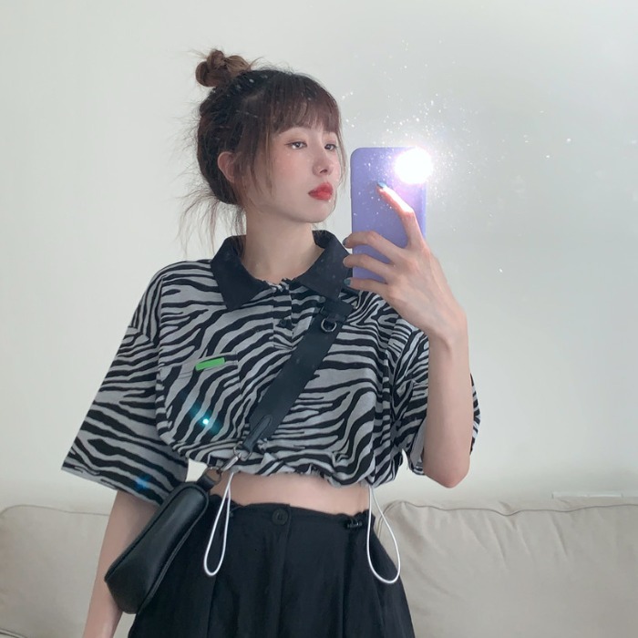 

2021 New summer Korean style short turn down collar grey stripe women's t-shirts femme shirt (ws247) IX6T, Gray.