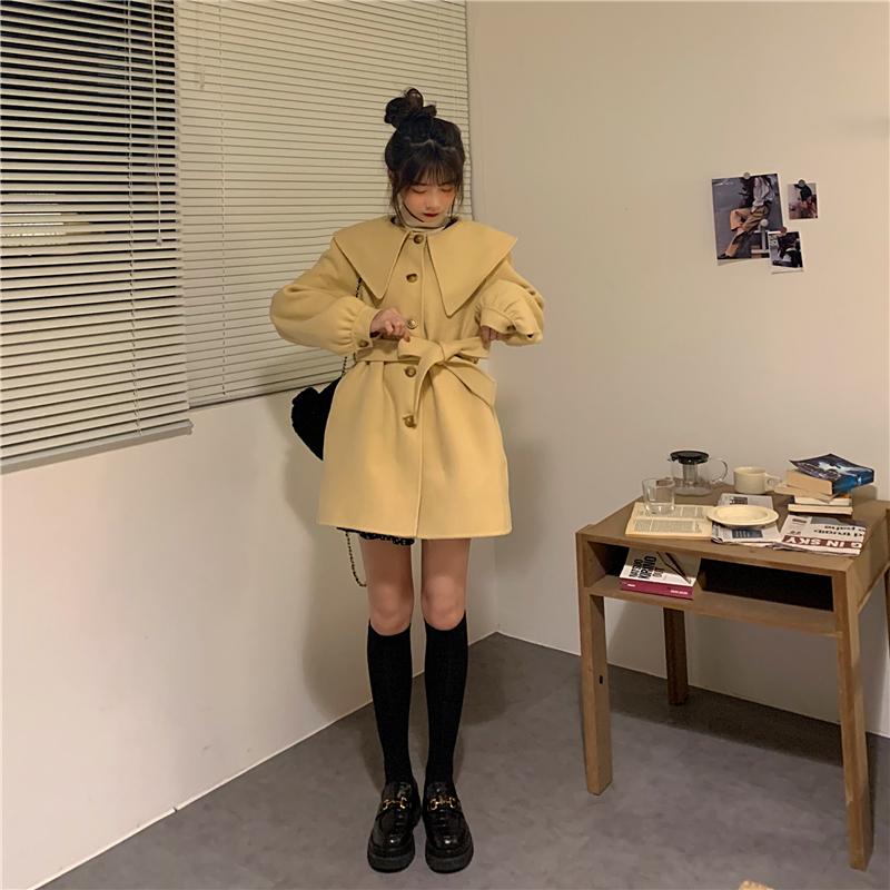 

Autumn And Winter New Style Loose Large Size Casual Big Lapel Temperament Bandage Egg Yellow Woolen Coat Women
