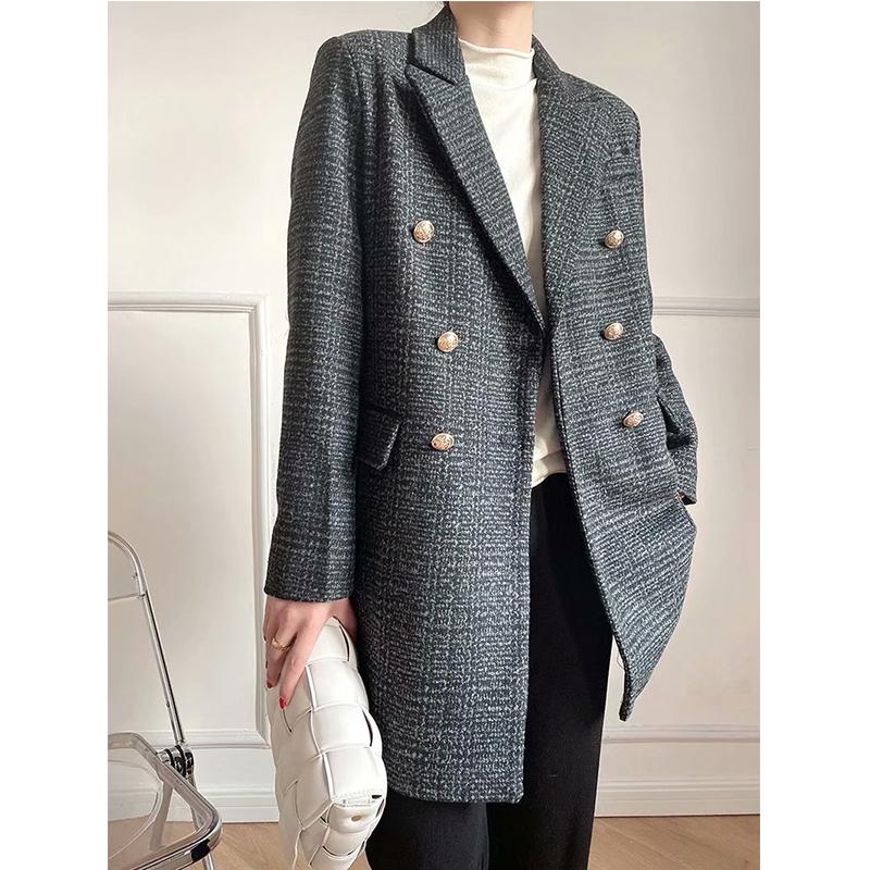 

Women Autumn Winter Double-Breasted Woolen Overcoat Stylish Plaid Long Jacket Coat Female Thick Warm Outerwear Chic Tops, Black