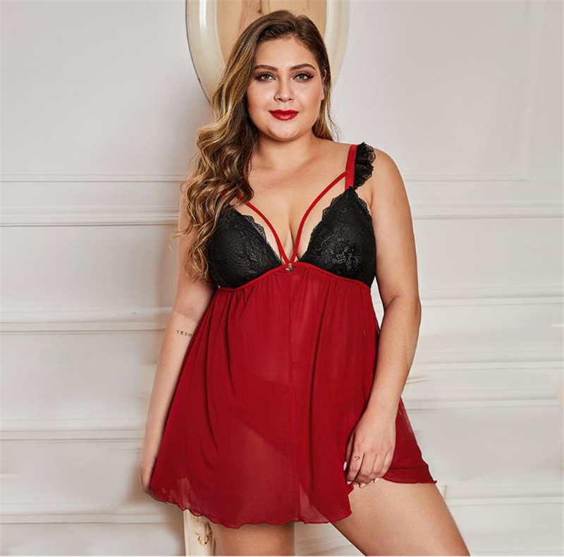 

New Plus Size Womens Nightgowns Contrast Color Panelled Womens Sleepshirts Mesh Designer Womens Clothing Sexy Underwear, Black;red