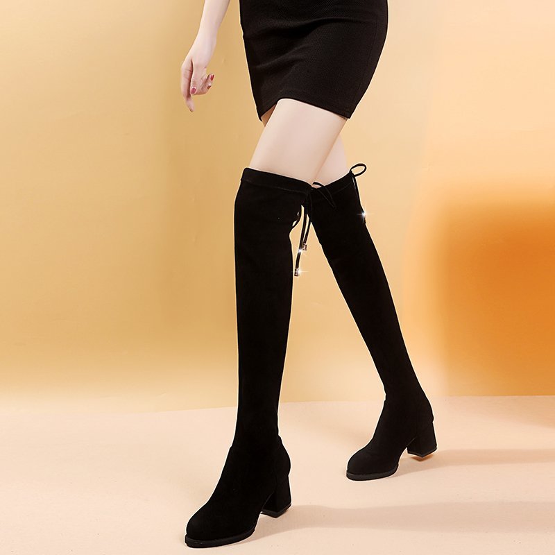 

Black Over The Knee Boots Women Suede Slim Thigh High Boots Heels Winter Plus Plush Long with High Heels Women 2020
